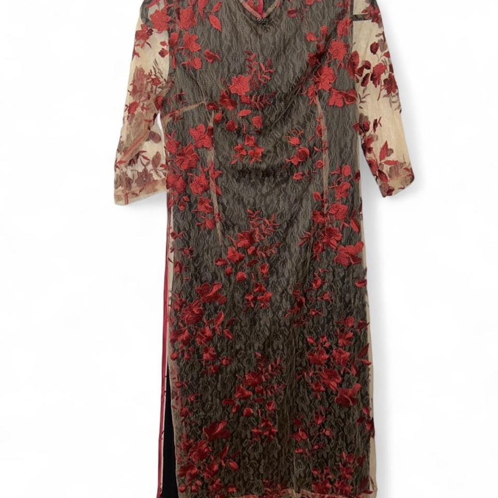 Yanhong Red Floral Embroidered Lace Qipao Maxi Dress size medium